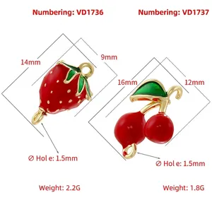 DIY jewelry charms featuring red strawberry and cherry pendants with sizing details