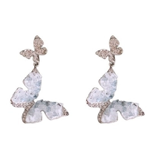 Silver needle asymmetric butterfly earrings with crystal tassel and matte texture
