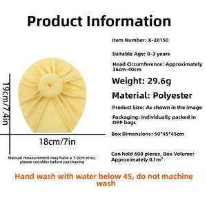 Yellow baby donut turban hat made of polyester with detailed sizing and care instructions