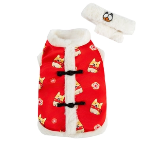 Gilet festivo rosso per il capodanno cinese con motivo corgi e bordo in peluche bianco