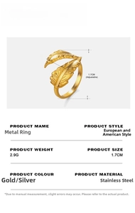 Detail of adjustable gold feather ring in stainless steel showing 1.7cm diameter and texture