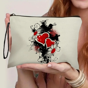 Heart Flower Print Fine Linen Makeup Bag Artistic Portable Cosmetic Pouch For Women Travel Toiletry Storage With Wristlet