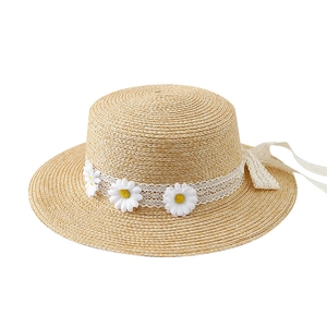 Elegant women's flat top straw sun hat with white lace and daisy floral accents