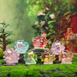 Macro shot of seven colorful Nine-Tailed Fox girl figurines on mossy rocks in a forest