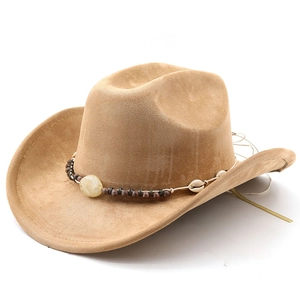 Classic camel faux suede cowboy hat featuring ethnic beaded band and shell detail