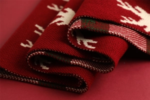 Detail showing red knitted scarf texture with reindeer patterns and plaid edges