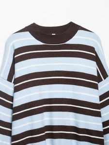 Detailed close-up showing texture of brown and blue striped knit sweater with ribbed neckline