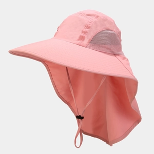 Detail of pink sun hat with wide brim, neck flap protection and breathable mesh panels