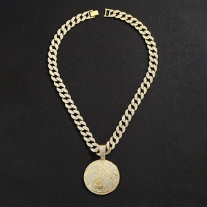 Gold-tone hip hop cuban chain necklace with iced-out basketball pendant and sparkling crystals
