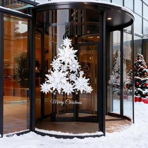 Adesivo Finestra Albero Di Natale Con Fiocchi Di Neve Bianchi Statico Merry Christmas Decalcomania PVC Per Vetrina