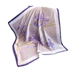 Elegant purple iris floral print silk scarf for women in a square versatile design