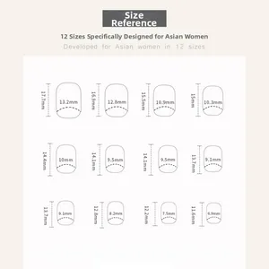 Detailed size guide chart showing twelve sizes of cat eye press-on nails in millimeters