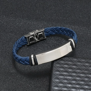 Blue braided leather bracelet with stainless steel rectangle plate and clasp closure