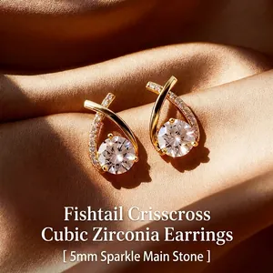 Elegant Copper Fish Tail Cross Stud Earrings With 925 Sterling Silver Earring Post Rhinestone Inlaid Gold Silver Jewelry For Women