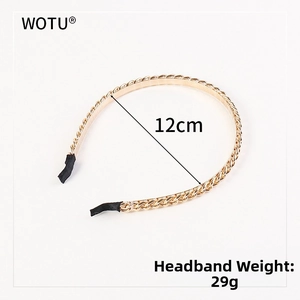 Chunky alloy chain headband in gold finish showing 12cm diameter and 29g weight details