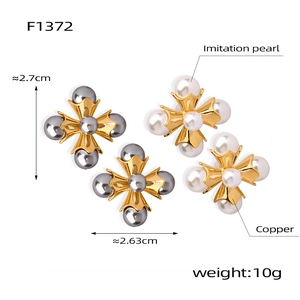 Detailed view of cross-shaped pearl earrings with gold frames showing dimensions and specs