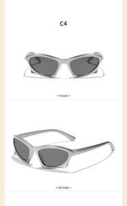 Front and 45-degree side view of silver futuristic sports sunglasses with grey lenses