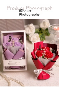 Detailed soap rose gift box with elegant purple and red flower bouquets for Valentine