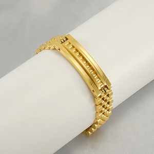Polished 18K gold-plated stainless steel watch-link bracelet for men on a display stand