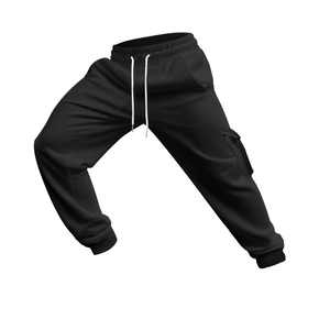 Detail der schwarzen Cargo-Jogginghose mit weißem Kordelzug und gerippten Bündchen