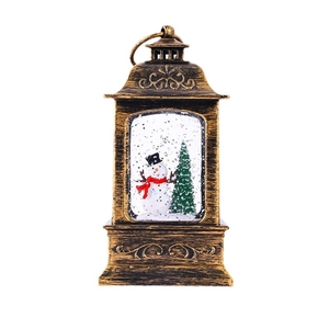 Bronze Christmas lantern with snowman and glitter inside, vintage water-filled lamp