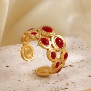 Vintage Round Geometric Ring Stainless Steel Gold Plated Red Enamel Open Adjustable Finger Jewelry For Women Retro Style