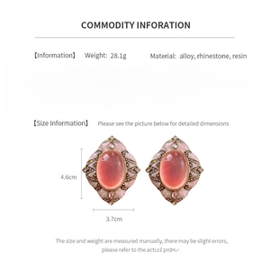 Detailed view of vintage palace style diamond earrings with pink resin and silver needles
