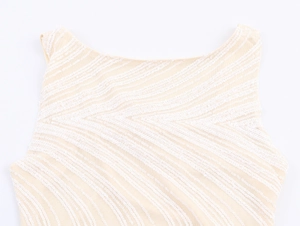Detail of elegant sequin embroidery and sheer mesh on a sleeveless round neck dress