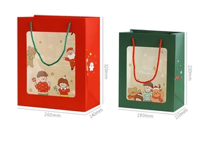 Christmas gift bags with transparent windows, cartoon illustrations and red green cords
