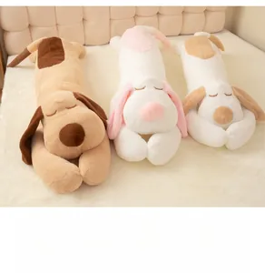 Detailed view of soft long plush dog pillows in brown, pink and white colors