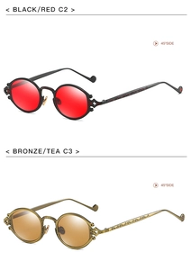 Steampunk oval sunglasses in black-red and bronze-tea metallic frames from a 45-degree side view