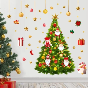 Christmas tree wall stickers with Santa, gold stars, and gifts for holiday home decoration