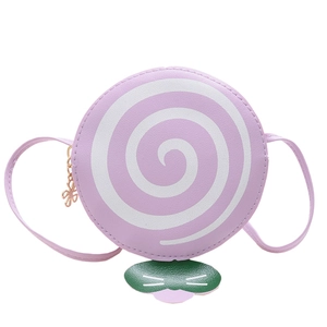 Lollipop shaped crossbody bag for kids with pink and white swirl pattern and green leaf detail