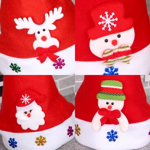 Christmas hats with 3D reindeer and snowman appliques in red, green and blue colors
