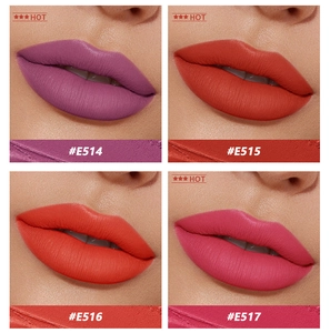 Lipstick swatches #E514-#E517 showing velvet matte shades on model lips