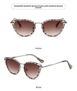 Detailed views of tortoiseshell cat eye sunglasses with gradient tea lenses and gold hinges