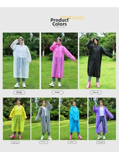 Collage of thick reusable EVA raincoats in seven colors for adults outdoor hiking