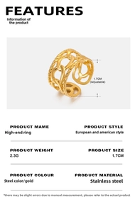 Detailsicht eines verstellbaren Gold-Edelstahlrings mit hohler Kettenstruktur