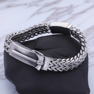 Men's retro stainless steel woven chain bracelet with a polished wide clasp closure