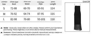 Size chart for slim mesh bodycon dress with measurements in cm for sizes S, M, and L