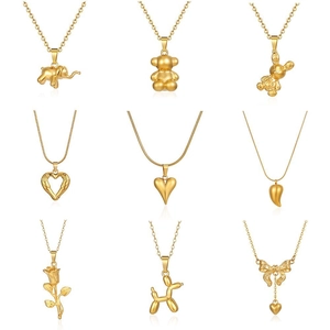 Vintage Stainless Steel 18K Gold Plated Pendant Necklace For Women Fashion Heart Elephant Bear Animal Rhinestone Sweater Chain Jewelry