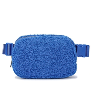 Blue fleece belt bag with matching strap and metallic zipper for outdoor sports and gym
