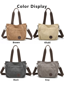 Canvas tote bag color display in brown, khaki, black, and gray with retro logo and straps