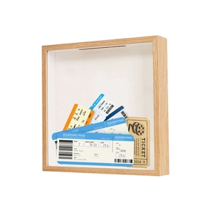 Square wood shadow box frame for travel ticket storage with top slot and clear panel