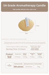 Detailed view of cream shell scented candle showing dimensions 6x3x4.5cm and soy wax material