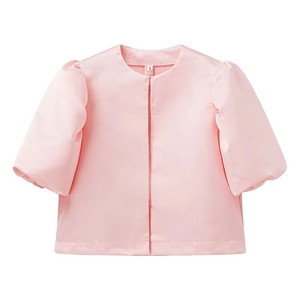 Elegant pink satin short sleeve open front blouse jacket for women in flat lay view