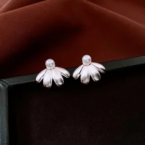 Flower Stud Earrings With Faux Artificial Pearl Brushed Copper Flower And 925 Sterling Silver Earring Post French Retro For Women