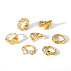 7-piece 18K gold plated stainless steel ring set featuring heart and snake designs