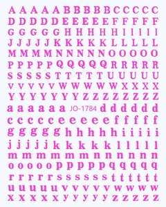 Macro detail of 3D embossed pink alphabet nail stickers with JO-1784 model number