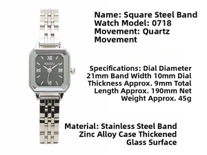 Detail view of a square quartz watch with black dial and silver Roman numerals